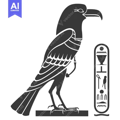 Aset desain premium: Black and White Illustration of an Egyptian Hieroglyphic Bird with Car