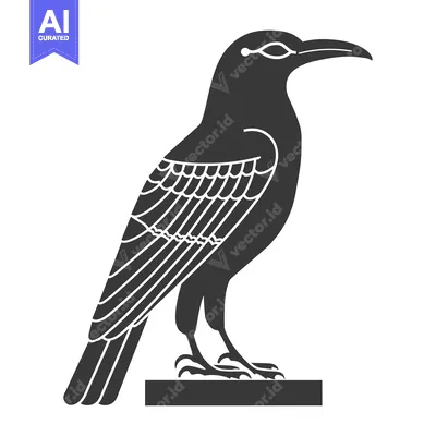 Aset desain premium: Stylized Black and White Illustration of a Crow Standing on a Platform