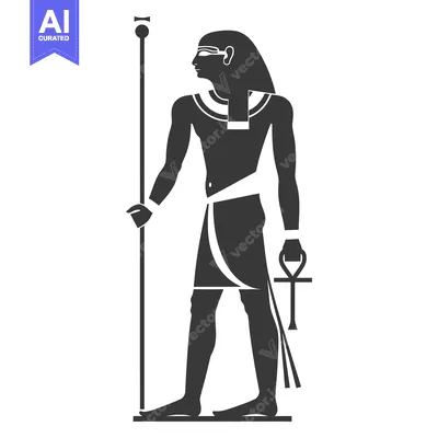 Aset desain premium: Silhouette of an Egyptian Pharaoh Holding a Staff and Ankh