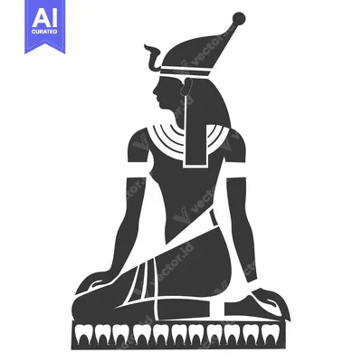 Aset desain premium: A Black and White Silhouette of the Egyptian Goddess Bastet Kneeling o