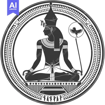 Aset desain premium: Egyptian God Horus Depicted in Circular Frame with Ornate Border and B