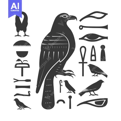 Premium design asset: A black and white illustration of an Egyptian god with various hierogl