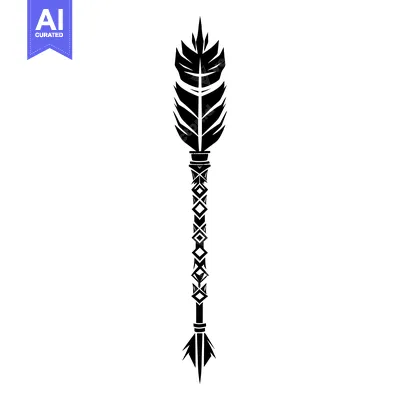 Aset desain premium: Black and White Stylized Arrow with Feather and Geometric Shaft