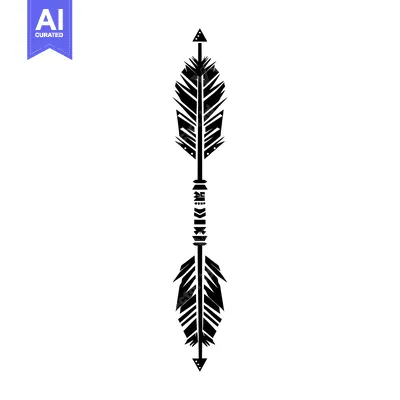 Black and White Arrow with Feathers and Geometric Patterns