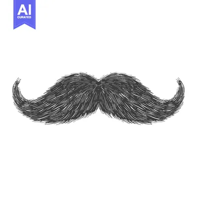 Hand-Drawn Black and White Illustration of a Large, Curly Mustache