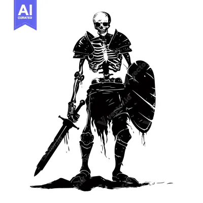 Aset desain premium: Skeleton Warrior with Sword and Shield in Silhouette