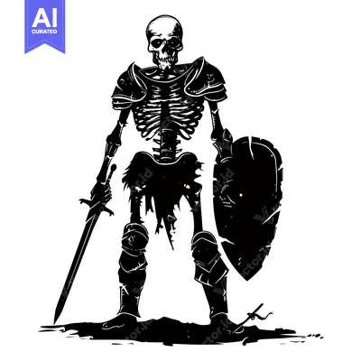 Aset desain premium: A Skeleton Knight in Full Armor with a Sword and Shield
