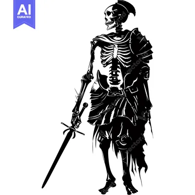 Aset desain premium: Skeleton Warrior Holding a Sword with a Black and White Design