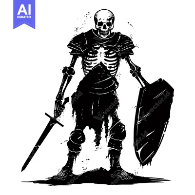 Aset desain premium: Black and White Illustration of a Skeleton Knight in Armor with a Swor