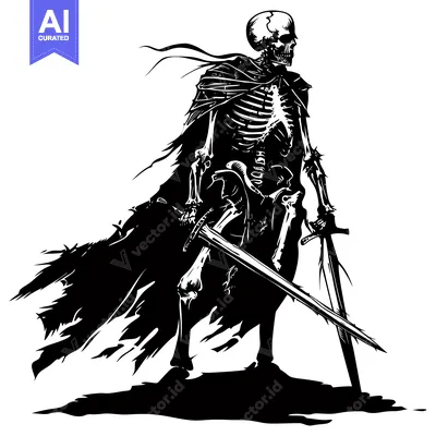 Aset desain premium: A skeletal knight in tattered armor holding a sword
