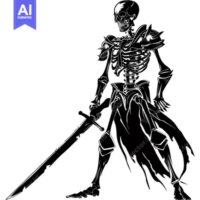 Premium design asset: Skeleton Knight Holding Sword with Torn Cloak