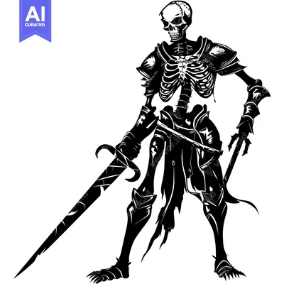 Premium design asset: A skeletal warrior with a sword in a menacing pose, clad in armor.