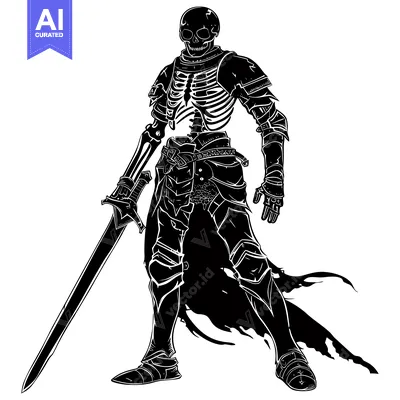 Aset desain premium: A skeletal knight in full armor wielding a sword