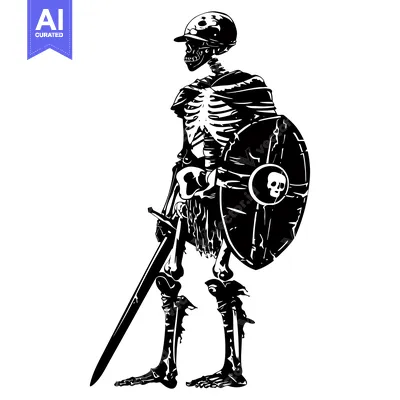Aset desain premium: A Skeletal Warrior Standing With A Sword And Shield