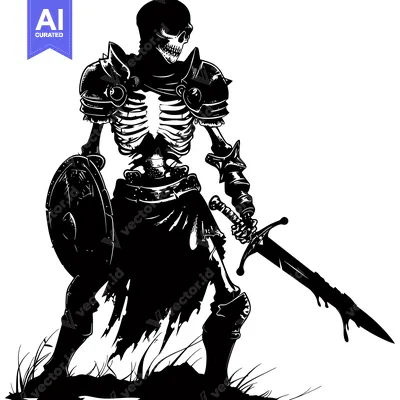 Aset desain premium: A Skeleton Warrior Armed with Sword and Shield