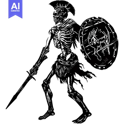 Aset desain premium: A Skeletal Warrior, Armed with a Spear and Shield