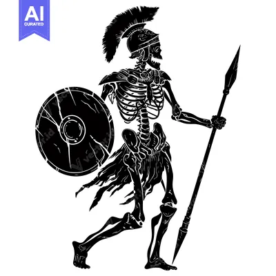 Aset premium populer: A Skeletal Warrior in Black and White Holding a Spear and Shield