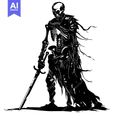 Aset desain premium: Skeletal Knight with a Sword and a Flowing Cape
