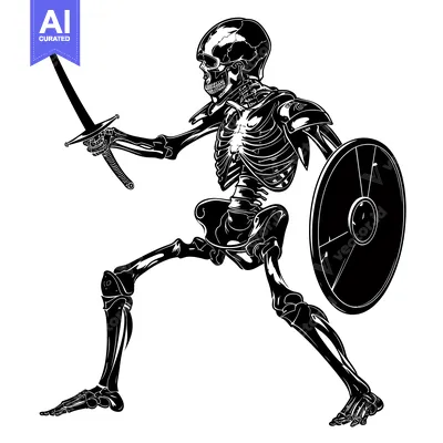 Aset desain premium: A Skeletal Warrior Holding a Sword and Shield