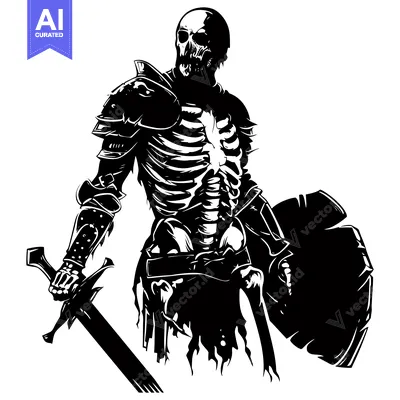 Aset desain premium: Skeletal Knight in Full Armor Holding a Sword and Shield