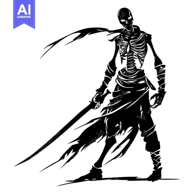 Aset desain premium: Skeleton warrior with a sword and flowing cape
