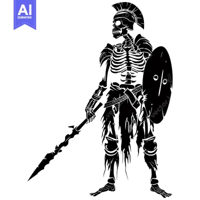Aset premium populer: A skeletal warrior in armor, wielding a spear and shield