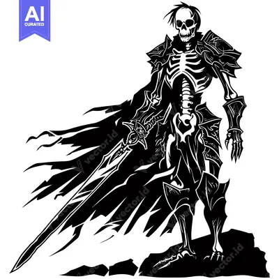 Aset desain premium: A skeletal warrior wielding a sword and wearing armor stands on a rock