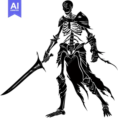 Premium design asset: Black and White Illustration of a Skeleton Knight Holding a Sword
