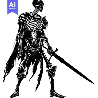 Aset desain premium: A Skeletal Knight in Full Armor Holding a Sword
