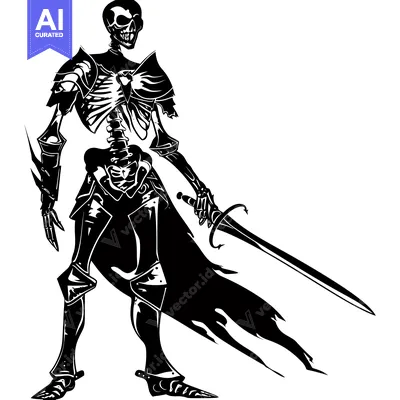 Aset desain premium: A skeletal knight clad in armor, brandishing a sword.