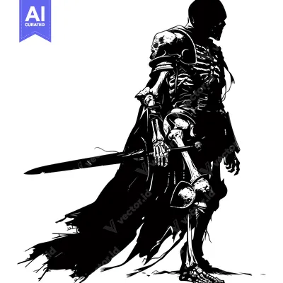 Aset desain premium: Skeletal Knight in Armor Holding a Sword