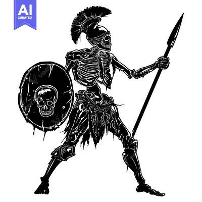 Aset desain premium: Skeletal Warrior Holding a Spear and Shield