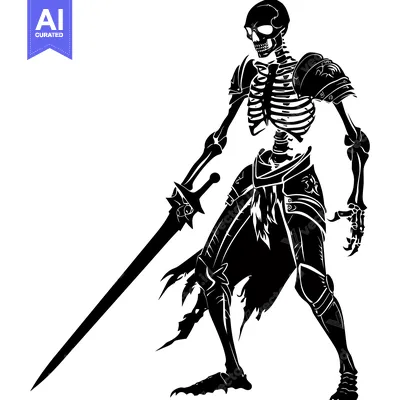 Aset desain premium: Skeleton Knight Holding a Sword in a Fighting Pose