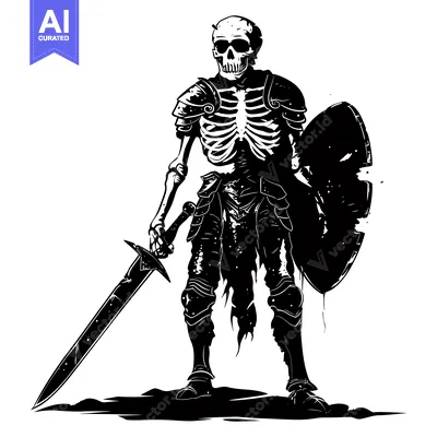 Aset desain premium: A Skeleton Knight in Full Armor Holding a Sword and Shield