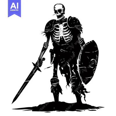 Aset desain premium: A skeletal warrior wielding a sword and shield
