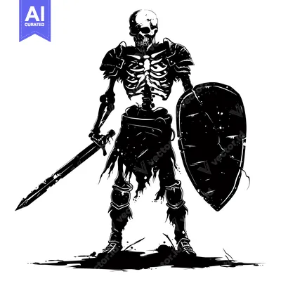 Aset desain premium: Skeleton Warrior Holding Sword and Shield