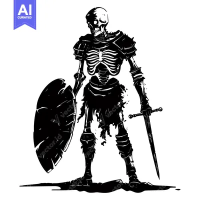 Aset desain premium: Skeleton Warrior With Shield and Sword in Silhouette