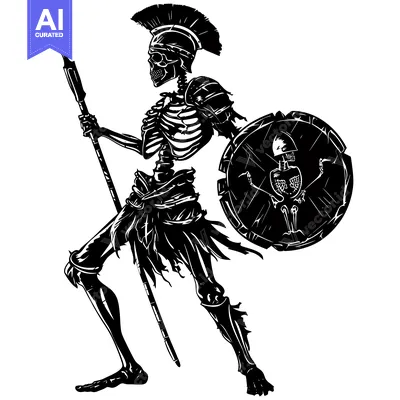 Aset desain premium: A skeletal warrior in full armor holding a spear and shield