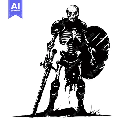 Aset desain premium: Skeleton Warrior Holding a Sword and Shield
