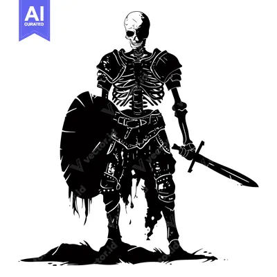 Aset premium populer: A Skeletal Warrior in Full Armor, Holding a Sword and Shield