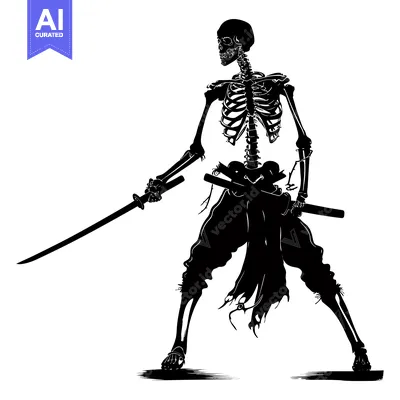 Aset desain premium: A Skeletal Samurai Warrior Holding Two Swords