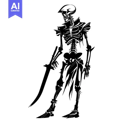 Aset desain premium: A black and white illustration of a skeleton warrior holding a sword