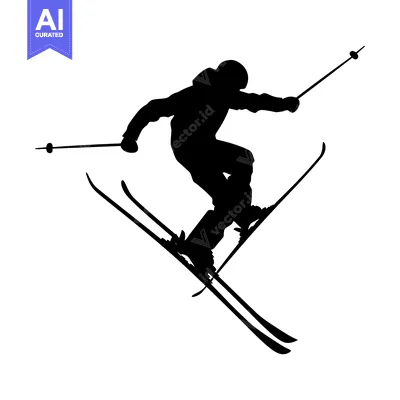 Aset desain premium: Silhouette of a skier mid-air, holding ski poles