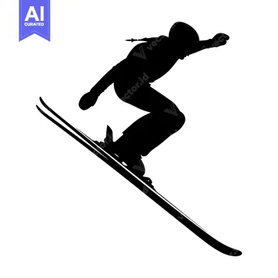 Aset desain premium: Silhouette of a skier in mid-air, soaring down a slope