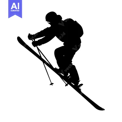 Aset desain premium: Silhouette of a skier in mid-air with skis and poles
