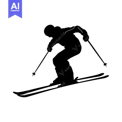 Silhouette of a skier in mid-air, with skis and poles