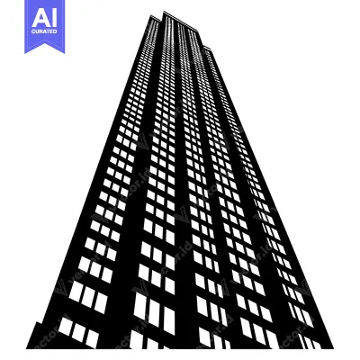 A black and white silhouette of a skyscraper with many windows