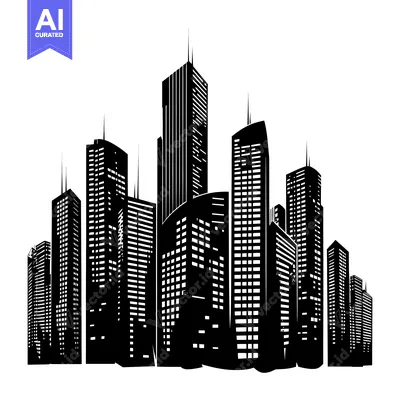 Aset desain premium: Black and White Silhouette of a Cityscape with Skyscrapers