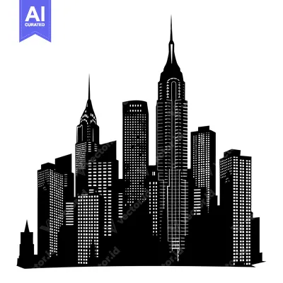Aset desain premium: Black and White Silhouette of Skyscrapers in a City