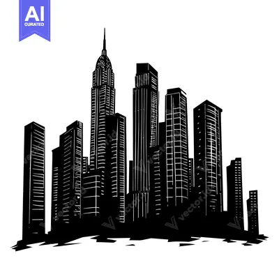 Black and white illustration of a cityscape with tall buildings